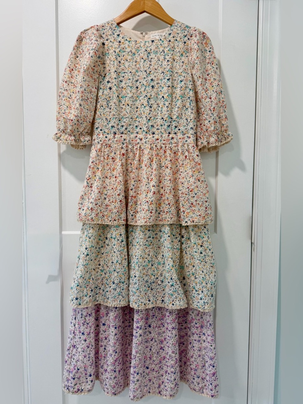 Free the Roses Floral Tiered Ruffle Eyelet Puff Sleeve Cottagecore Maxi Dress (M